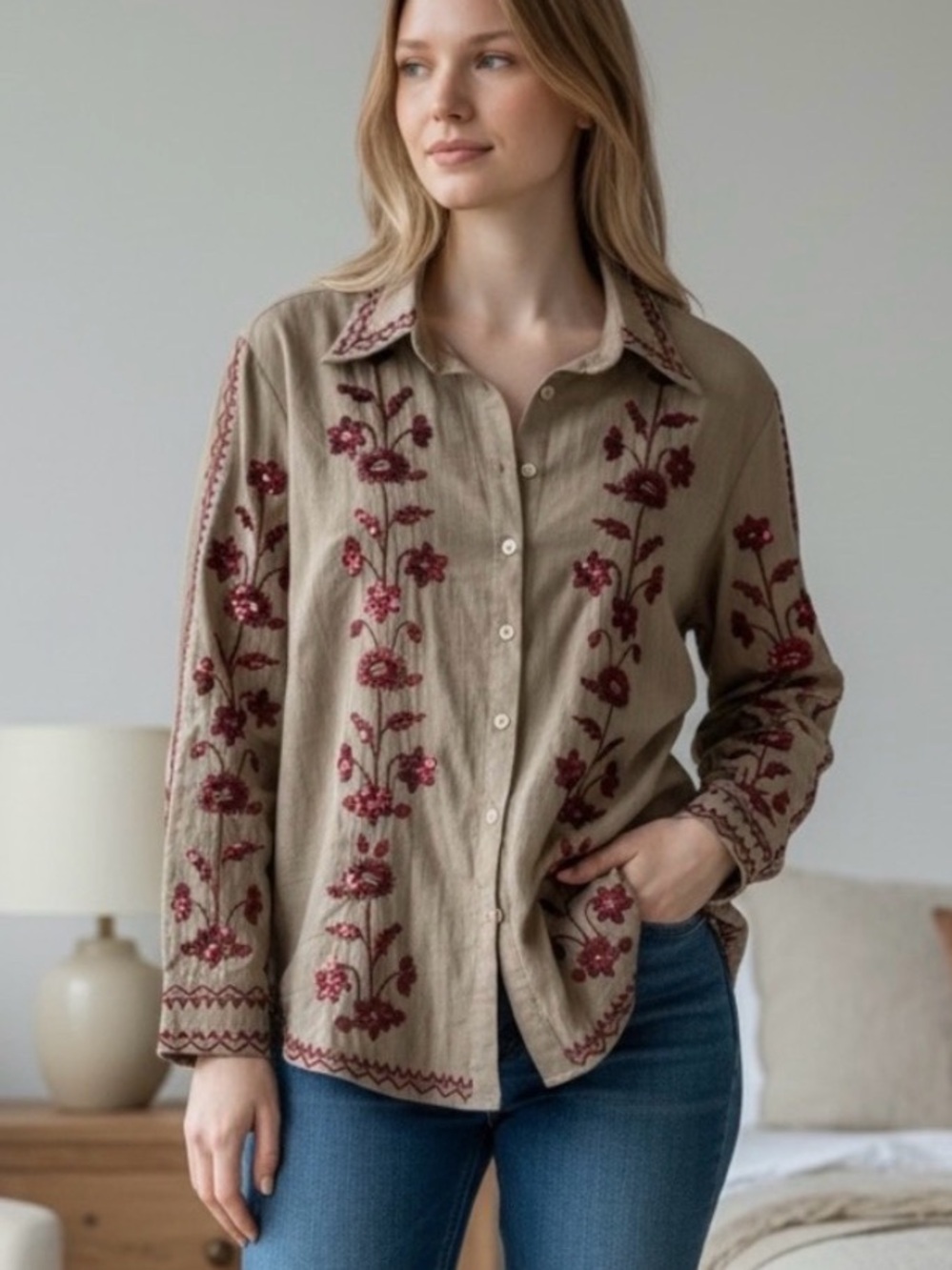 Galita Embroidered Olive Green Button-Up Shirt with Red Floral Accents NWT